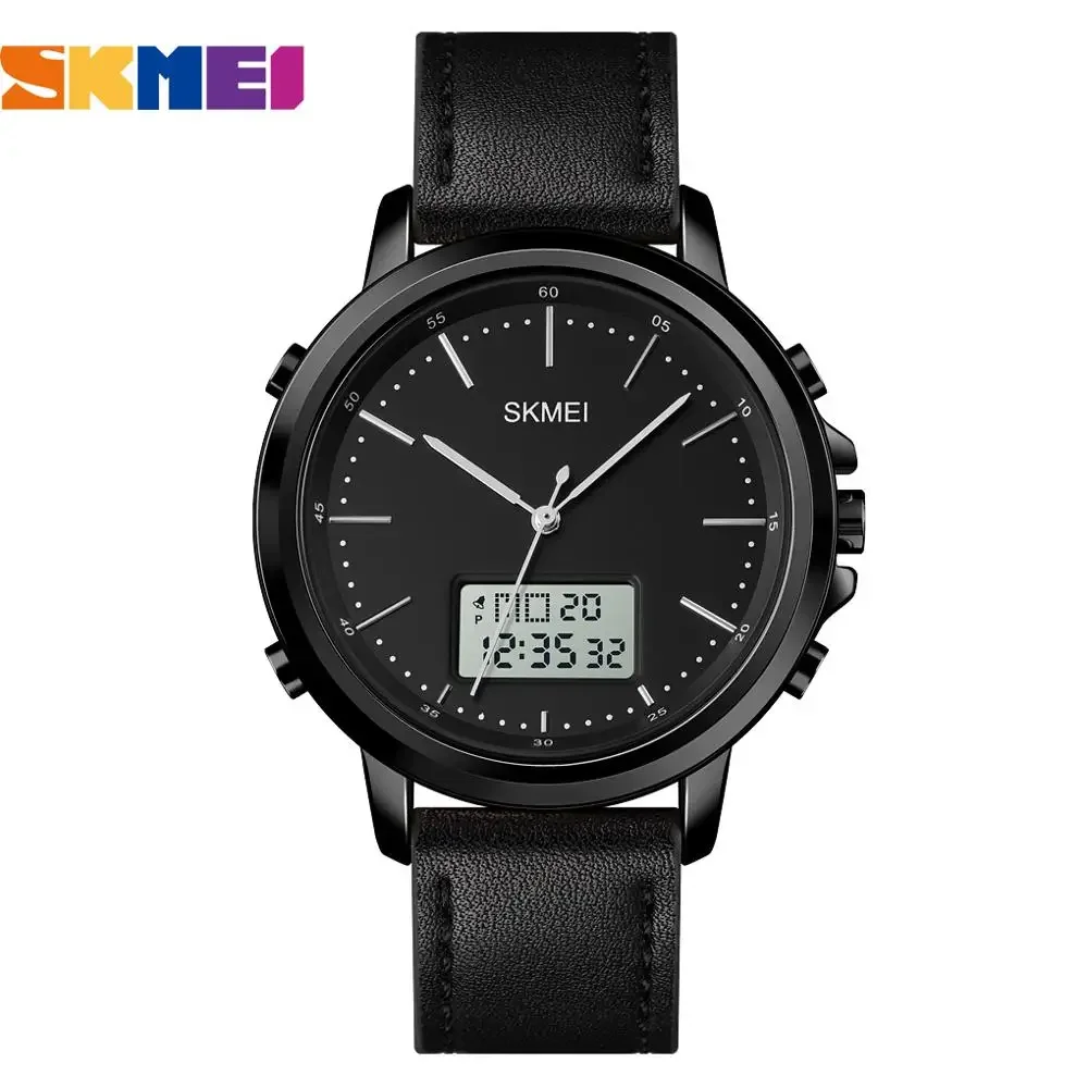 Skmei 1652 Casual Men Quartz Genuine Leather Dual Time Analog Digital Watch