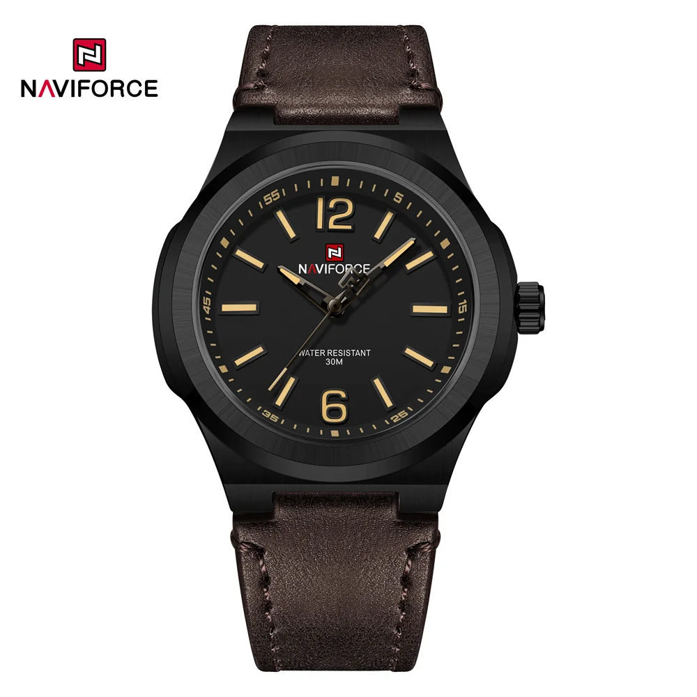 Naviforce 9233 Leather Wrist Watch For Men Thin case Leather strap