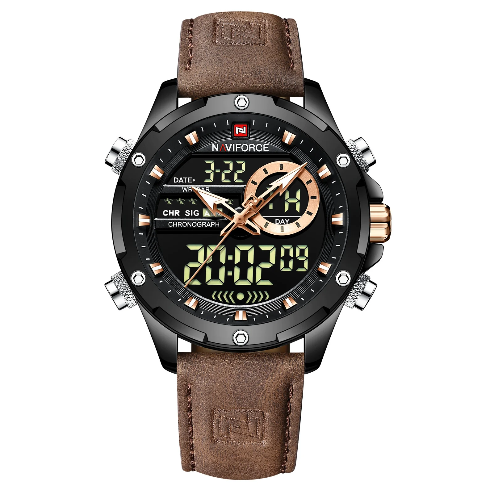 Naviforce NF9208 Casual Leather Strap Watch LCD Display & Quartz