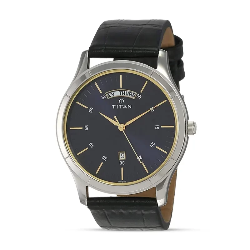 Titan Workwear Blue Dial Analog with Day and Date Leather Strap watch for Men (1767SL03)