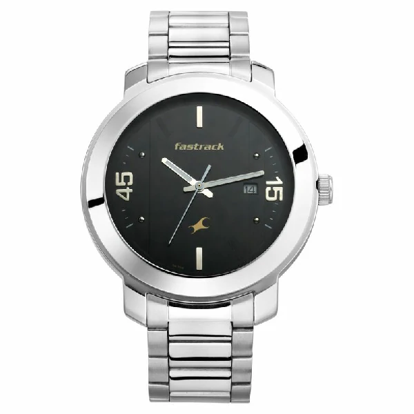 Fastrack Bare Basics Quartz Analog with Date Black Dial Silver Stainless Steel Strap Watch for Guys - NT3246SM02